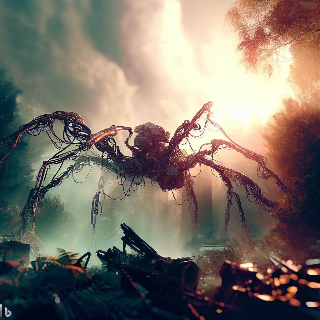 future spider robot made of wires with tentacles fighting in forest, surreal clouds, wreckage in foreground, bloom, lens flare.jpg